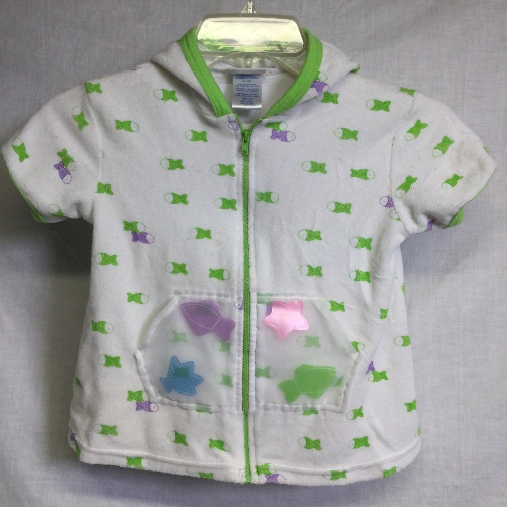 Tropical Escape Girls Swim Cover Up Zip Up Hood Green and Purple Fish Print Sz4T